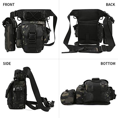 BAIGIO Bolsa de Pierna Tactica Hombre Riñoneras de Marcha Unisex, Bolsa de Cintura Multifuncional para la Pierna Militar para Pesca para Motociclismo Senderismo Camping Caza (Camo Negro)