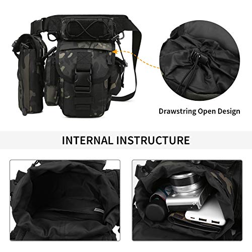 BAIGIO Bolsa de Pierna Tactica Hombre Riñoneras de Marcha Unisex, Bolsa de Cintura Multifuncional para la Pierna Militar para Pesca para Motociclismo Senderismo Camping Caza (Camo Negro)