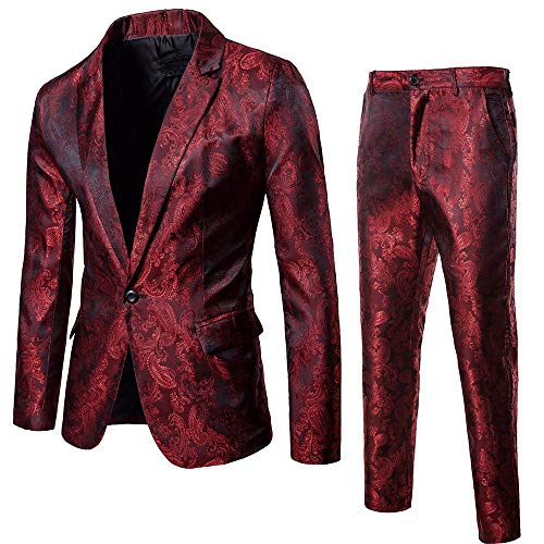 Baohooya Traje para hombre Slim Fit 2 Piezas - Casual Traje de Hombre Traje Al Estilo Occidental Chaquetas Pantalón Esmoquin Abrigo Vestido de Fiesta de Boda(Vino Rojo,M)