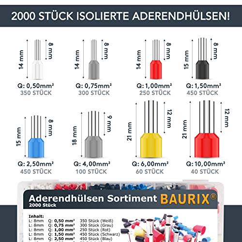 BAURIX® Crimpadora con juego de 2000 terminales I [0,25 – 10 mm²] Alicates de engaste, alicates de engaste, alicates de crimpado, alicates de prensa, botón giratorio