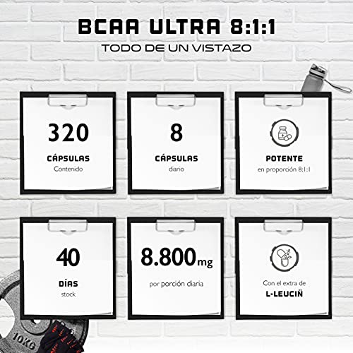 BCAA Ultra 8:1:1-320 Cápsulas - 1100 mg por cápsula - L-Leucina, L-Isoleucina, L-Valina - Alta dosis - Aminoácidos esenciales de cadena ramificada