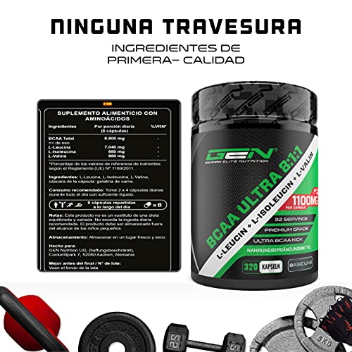 BCAA Ultra 8:1:1-320 Cápsulas - 1100 mg por cápsula - L-Leucina, L-Isoleucina, L-Valina - Alta dosis - Aminoácidos esenciales de cadena ramificada