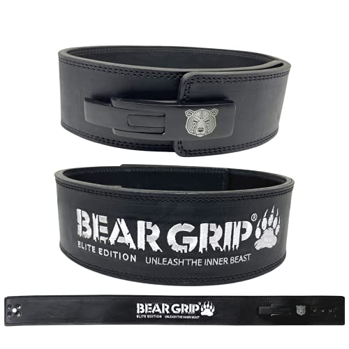 BEAR GRIP Power Belt - Elite Edition Premium - Cinturón de levantamiento de peso doble (negro - 4 pulgadas palanca Power Belt, XS)