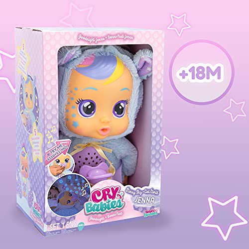 BEBÉS LLORONES Goodnight Starry Sky Jenna | Muñeca suave quitamiedos para Dormir que llora lágrimas LED y Proyecta cielo de estrellas con Música relajante | Juguete y Regalo ideal para niños +18 Meses