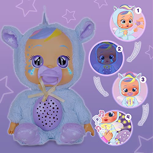 BEBÉS LLORONES Goodnight Starry Sky Jenna | Muñeca suave quitamiedos para Dormir que llora lágrimas LED y Proyecta cielo de estrellas con Música relajante | Juguete y Regalo ideal para niños +18 Meses