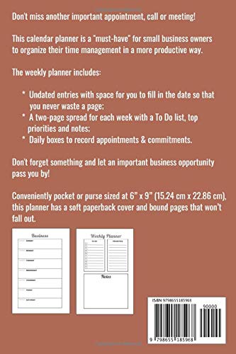 Bed & Breakfast Weekly Business Planner: 6" x 9" Professional B&B Undated 52 Week Agenda Organizer Appointment Book, Simple Pocket Size Time ... for Daily Productivity Calendar (106 Pages)
