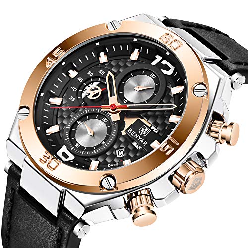 BENYAR Relojes Hombre Relojes de Pulsera Cronografo Diseñador Impermeable Reloj Hombre Banda de Cuero Analogicos Fecha de Pulsera Regalo Elegante