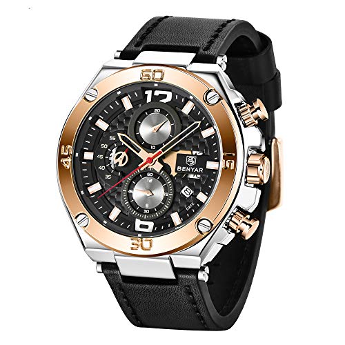 BENYAR Relojes Hombre Relojes de Pulsera Cronografo Diseñador Impermeable Reloj Hombre Banda de Cuero Analogicos Fecha de Pulsera Regalo Elegante