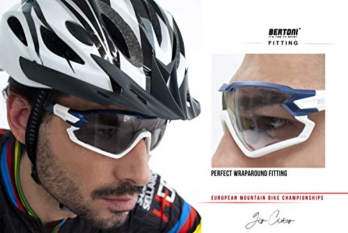 BERTONI Gafas Ciclismo Running MTB Esquí Tennis Padel Polaridas Fotocromaticas Mod. Quasar (Azul-Blanco/Fotocromaticas Polarizadas)