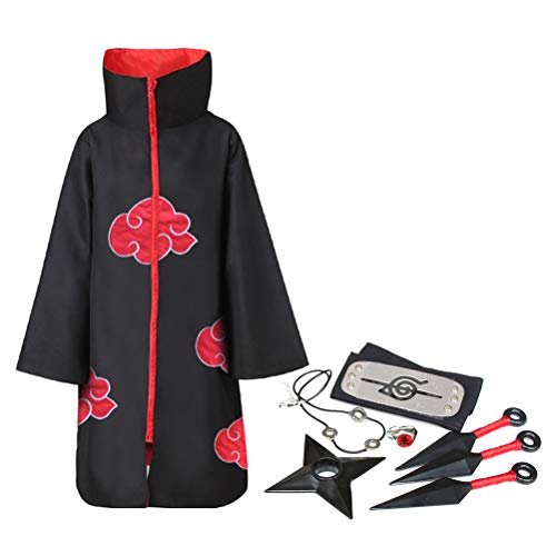 BESTCZ Capa De Akatsuki Itachi, 8 Piezas de Naruto Akatsuki Cloak Anime Cosplay Anime Naruto Akatsuki Traje Largo Capa de Anime Japonés Disfraz de Cosplay Diadema Accesorios Completos