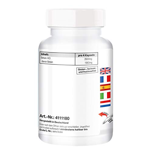 Betaina HCl 2600mg - 180 cápsulas - vegano - dosis alta