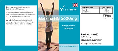 Betaina HCl 2600mg - 180 cápsulas - vegano - dosis alta
