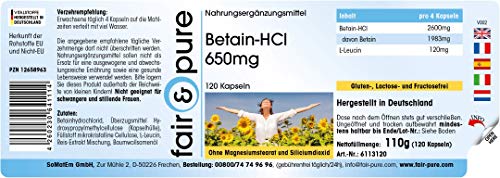 Betaína HCl 650mg - Clorhidrato de Betaína - Vegana - Alta pureza - 120 Cápsulas