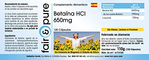 Betaína HCl 650mg - Clorhidrato de Betaína - Vegana - Alta pureza - 120 Cápsulas