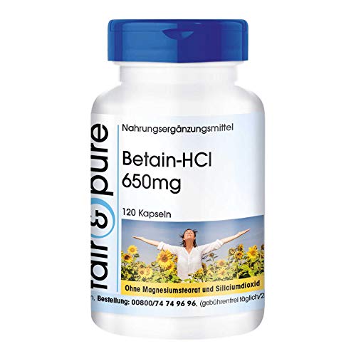 Betaína HCl 650mg - Clorhidrato de Betaína - Vegana - Alta pureza - 120 Cápsulas