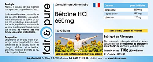 Betaína HCl 650mg - Clorhidrato de Betaína - Vegana - Alta pureza - 120 Cápsulas