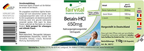 Betaína HCl 650mg - Dosis elevada - Clorhidrato de Betaína - Enzima digestiva - VEGANA - 120 Cápsulas - Calidad Alemana