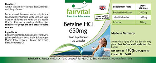 Betaína HCl 650mg - Dosis elevada - Clorhidrato de Betaína - Enzima digestiva - VEGANA - 120 Cápsulas - Calidad Alemana