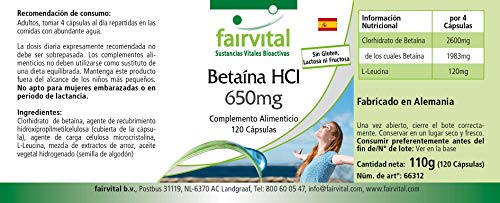 Betaína HCl 650mg - Dosis elevada - Clorhidrato de Betaína - Enzima digestiva - VEGANA - 120 Cápsulas - Calidad Alemana