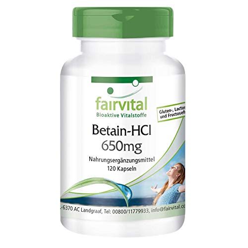 Betaína HCl 650mg - Dosis elevada - Clorhidrato de Betaína - Enzima digestiva - VEGANA - 120 Cápsulas - Calidad Alemana