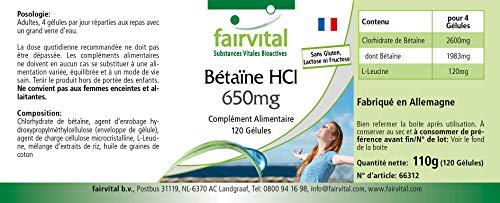 Betaína HCl 650mg - Dosis elevada - Clorhidrato de Betaína - Enzima digestiva - VEGANA - 120 Cápsulas - Calidad Alemana