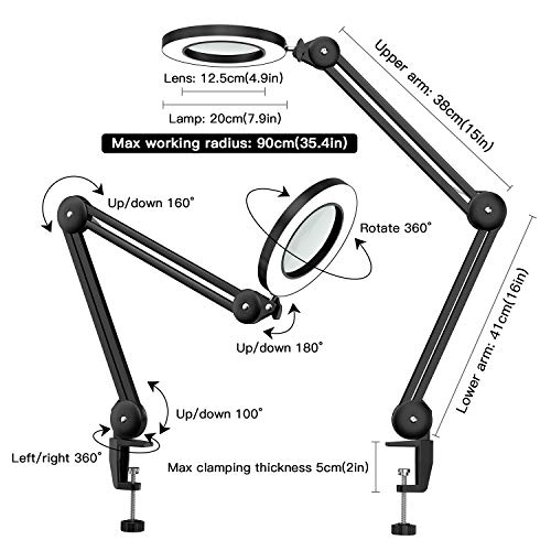 Beyamz Lámpara de Aumento LED Ampliación 5X con Brazo Oscilante de Metal, Atenuación Continua, 3 Modos de Color, Lente de Vidrio de 105 mm de DiáMetro, Abrazadera Ajustable