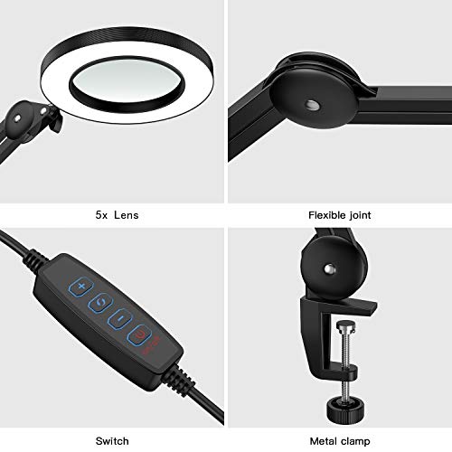 Beyamz Lámpara de Aumento LED Ampliación 5X con Brazo Oscilante de Metal, Atenuación Continua, 3 Modos de Color, Lente de Vidrio de 105 mm de DiáMetro, Abrazadera Ajustable