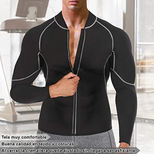 Bingrong Sudoracion Hombre con Cremallera Faja Sauna Deportiva Camiseta Compresion Mangas Largas Trajes para Fitness Sudoración Fajas Hombre Reductora Adelgazante Neopreno Deporte (Negro, XX-Large)