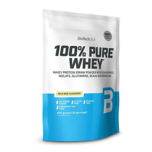 BioTechUSA 100% Pure Whey Complejo de proteína de suero, con aminoácidos añadidos y edulcorantes, sin conservantes, 454 g, Arroz con leche