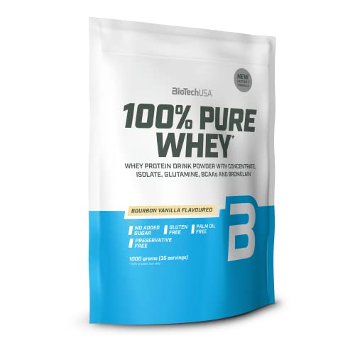 BioTechUSA 100% Pure Whey, Complejo de suero de leche con bromelina, aminoácidos, sin azúcar añadido, sin aceite de palma, 1 kg, Vainilla Bourbon