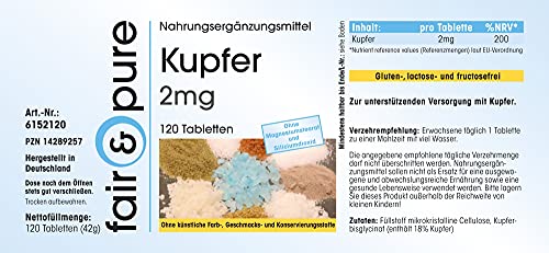 Bisglicinato de Cobre 2mg - Suplemento de Cobre - Buena disponibilidad biológica - Vegano - Alta pureza - 120 Comprimidos