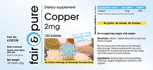 Bisglicinato de Cobre 2mg - Suplemento de Cobre - Buena disponibilidad biológica - Vegano - Alta pureza - 120 Comprimidos