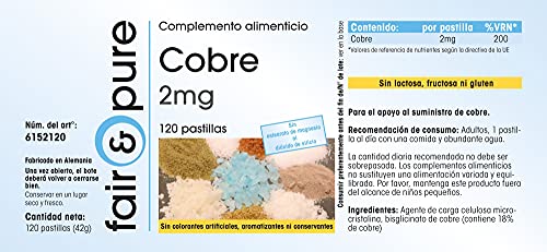 Bisglicinato de Cobre 2mg - Suplemento de Cobre - Buena disponibilidad biológica - Vegano - Alta pureza - 120 Comprimidos