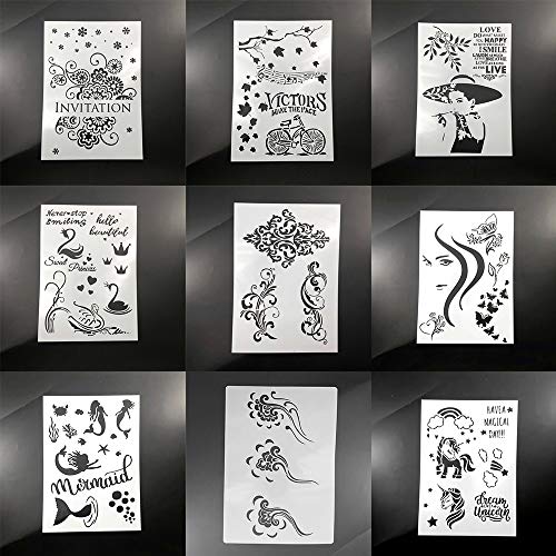 BLUGUL 9pcs A4 Plantillas de Dibujo, para Manualidades Decoración Pared Mueble Ventana Aerógrafo, Patrón Decorativo Bicicleta Unicornio Sirena Chica Cisne Invitación