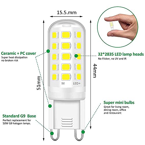 Bombillas LED G9 de 5 W, bombilla LED G9, equivalente a bombilla halógena 40W-50W G9, 5W 500lm 6000 Kelvin 220-240V, sin parpadeo, no regulable, decoración de iluminación del hogar, paquete de 6