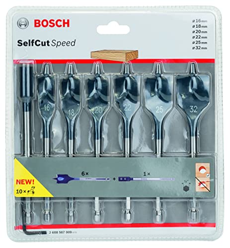 Bosch Professional 7x. Set de Brocas Fresadoras Planas SelfCut Speed (Madera, con Prolongación, 1/4" HEX, Ø 16 - 32 mm, Accesorios Taladro de impacto rotativo)