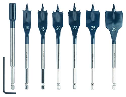 Bosch Professional 7x. Set de Brocas Fresadoras Planas SelfCut Speed (Madera, con Prolongación, 1/4" HEX, Ø 16 - 32 mm, Accesorios Taladro de impacto rotativo)