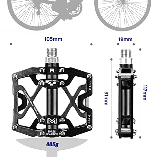 BRGOOD Pedales, Pedales de Bici CNC Aleación de Aluminio Rodamiento Sellado y Pedal Antideslizante para Bicicletas de Montaña 、 Bicicletas de Ciudad y Bicicletas de Carretera (Negro)