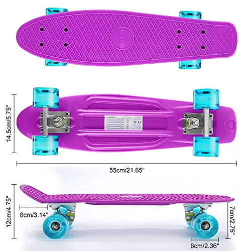 Buyi World Monopatín Mini Cruiser, 55 cm Retro Skateboard, Skateboard Niño Niña, PU 78A Con Ruedas Intermitentes LED, Rodamientos ABEC-7, Adecuado Para niños, Jóvenes, Adultos, Principiantes (Púrpura)