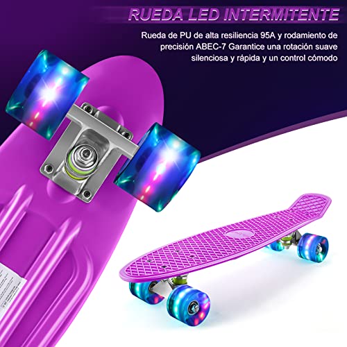 Buyi World Monopatín Mini Cruiser, 55 cm Retro Skateboard, Skateboard Niño Niña, PU 78A Con Ruedas Intermitentes LED, Rodamientos ABEC-7, Adecuado Para niños, Jóvenes, Adultos, Principiantes (Púrpura)