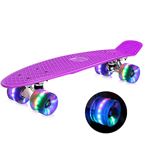 Buyi World Monopatín Mini Cruiser, 55 cm Retro Skateboard, Skateboard Niño Niña, PU 78A Con Ruedas Intermitentes LED, Rodamientos ABEC-7, Adecuado Para niños, Jóvenes, Adultos, Principiantes (Púrpura)