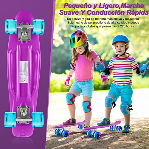 Buyi World Monopatín Mini Cruiser, 55 cm Retro Skateboard, Skateboard Niño Niña, PU 78A Con Ruedas Intermitentes LED, Rodamientos ABEC-7, Adecuado Para niños, Jóvenes, Adultos, Principiantes (Púrpura)