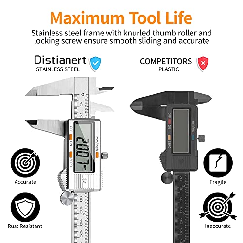 Calibre Digital 150mm, Pie de Rey Acero Inoxidable Calibrador Digital Electrónico, Gran Pantalla LCD Precisión Viene con un par de guantes y una regla de meta, 0.01mm/Inch Medición