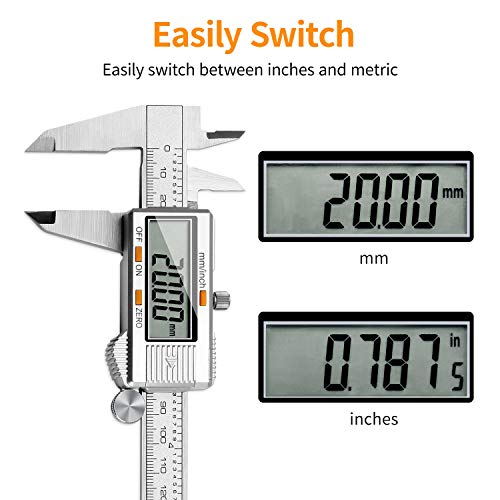 Calibre Digital 150mm, Pie de Rey Acero Inoxidable Calibrador Digital Electrónico, Gran Pantalla LCD Precisión Viene con un par de guantes y una regla de meta, 0.01mm/Inch Medición