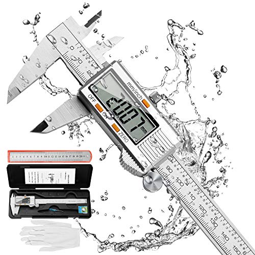 Calibre Digital 150mm, Pie de Rey Acero Inoxidable Calibrador Digital Electrónico, Gran Pantalla LCD Precisión Viene con un par de guantes y una regla de meta, 0.01mm/Inch Medición