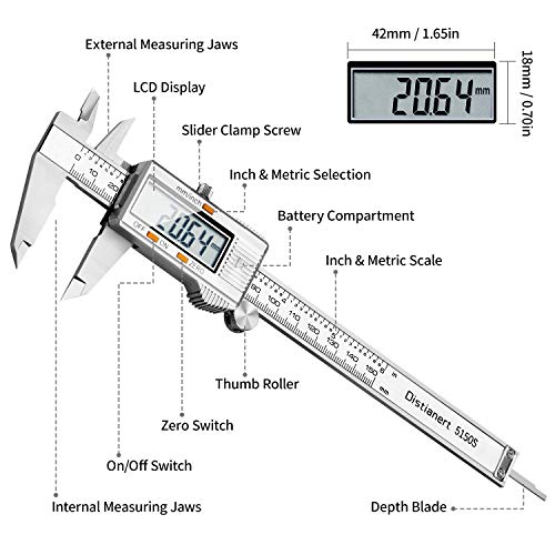 Calibre Digital 150mm, Pie de Rey Acero Inoxidable Calibrador Digital Electrónico, Gran Pantalla LCD Precisión Viene con un par de guantes y una regla de meta, 0.01mm/Inch Medición