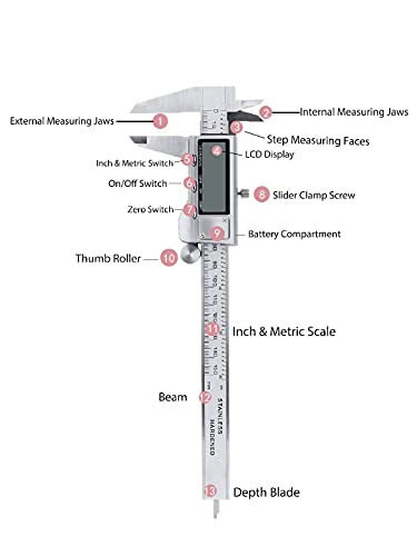 Calibre Digital, Electrónico Calibrador Digital, 0-150mm/6Pulgadas Acero Inoxitable Calibres Digitales, Calibrador Vernier con Pantalla LED, Calibre Vernier