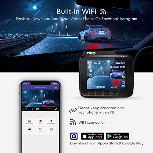 Cámara de Coche 4K 2160P con WIFI y GPS Dashcam Grabadora Ultra HD Dash Cam de Gran Ángulo 170° con G-sensor,Modo de Estacionamiento,Detección de Movimiento,Grabación de Bucle,Súper Visión Nocturna