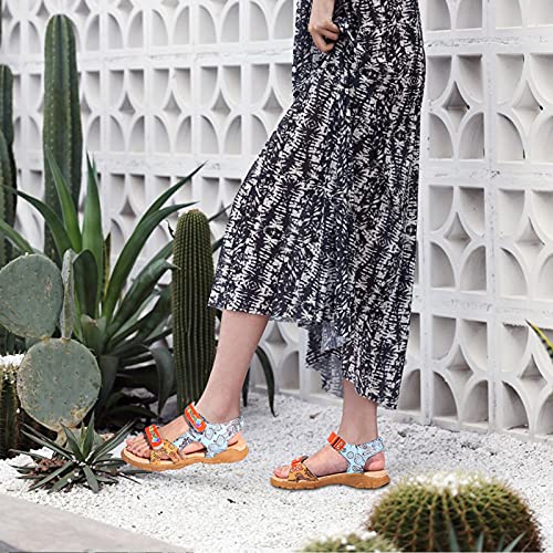 Camfosy Sandalias Planas de Senderismo de Cuero para Mujer,Sandalias Deportivas Verano al Aire Libre Vacaciones Ocio Zapatos Hechos a Mano Cierre Velcro Ajustable Descalzos