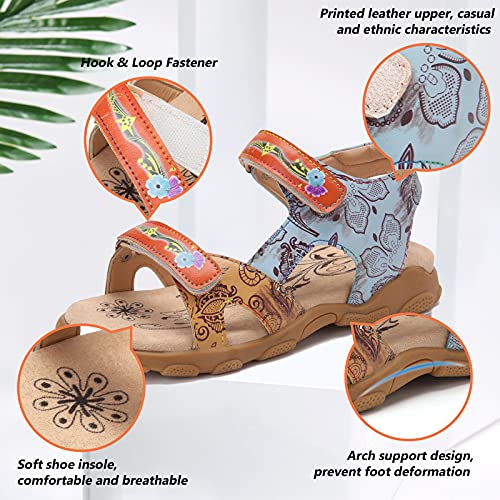 Camfosy Sandalias Planas de Senderismo de Cuero para Mujer,Sandalias Deportivas Verano al Aire Libre Vacaciones Ocio Zapatos Hechos a Mano Cierre Velcro Ajustable Descalzos